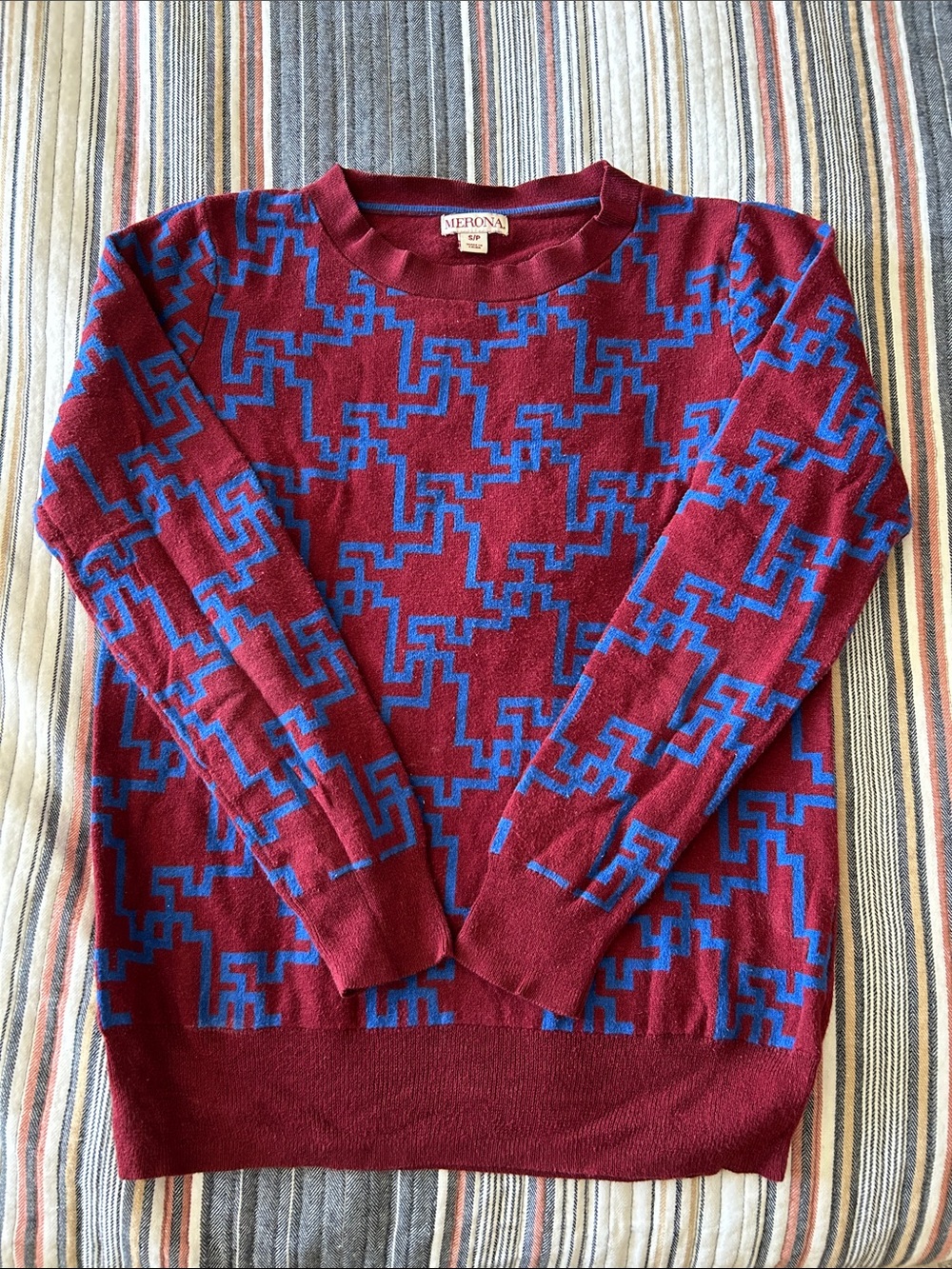 Merona Womens S Burgundy and Blue Geometric Crewneck Sweater